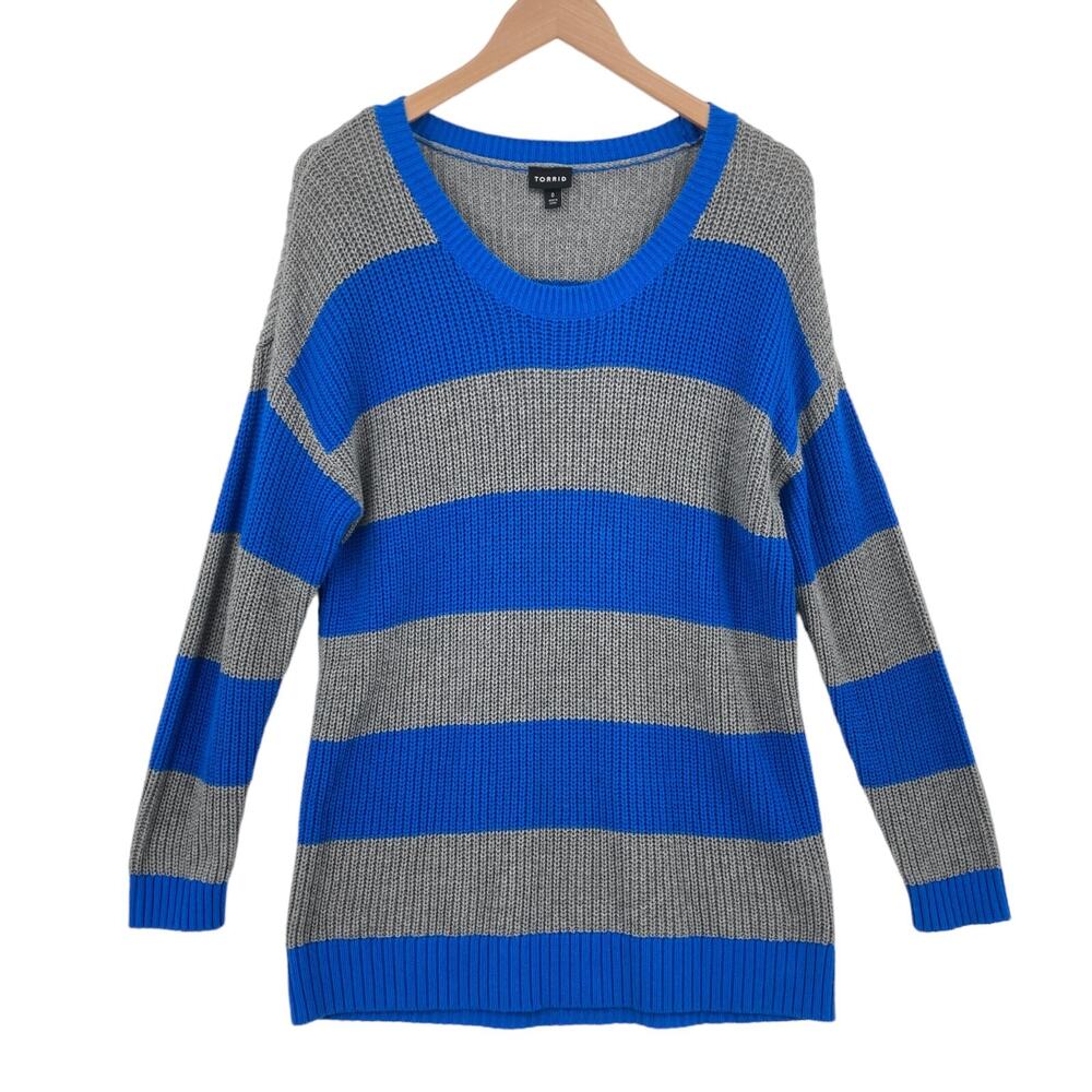 Torrid Sweater Women Size 0 Gray Blue Striped Knit Cotton Long Sleeve Round Neck